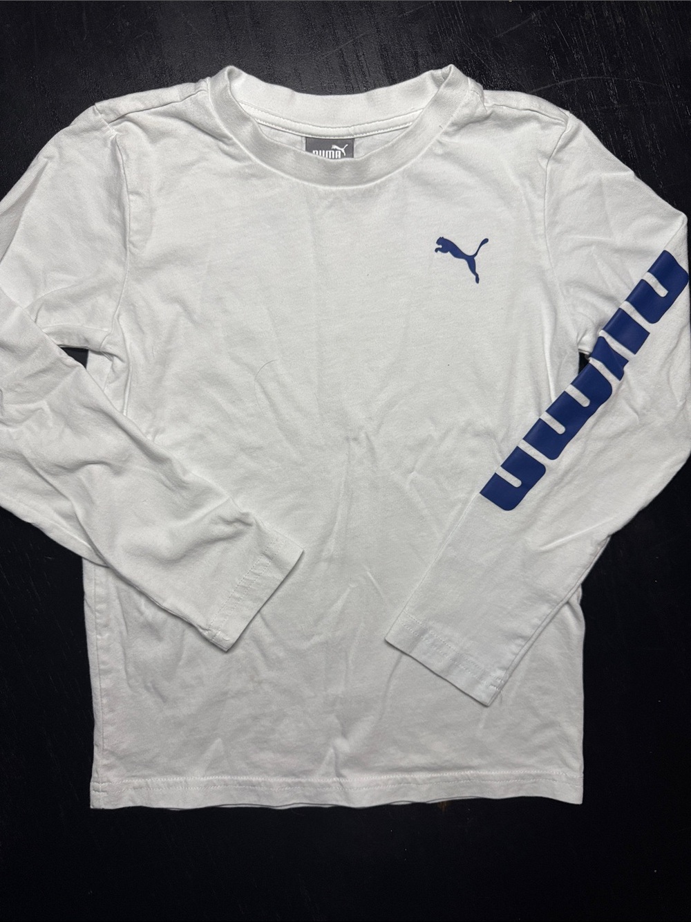 Puma White Long Sleeve Tee with Blue Puma Logo and Sleeve Script
